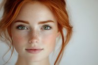 Close up portrait of young woman with natural freckles, red hair and green eyes against light background, soft daylight illuminating gentle facial features.