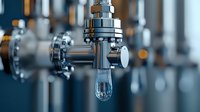 Chrome beer tap with water droplet forming at spout in bar setting, metallic draft beer faucet system with industrial brewing equipment in soft focus background.