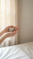 Gentle hands holding heart-shaped stone in soft morning light by bedroom window. Concept of self-care, love, mindfulness and emotional wellness at home.