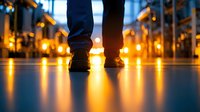 Silhouette of feet walking on reflective floor with warm glowing lights creating atmospheric bokeh effect, dramatic perspective view for business concepts.