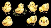 Cute yellow chicks in various poses isolated on transparent background. Ready for t-shirt designs, stickers, clipart, sublimation, print-on-demand products and digital crafts.