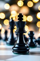 Black chess king piece on board with golden bokeh lights in background, symbolizing leadership and strategic decision-making in business.