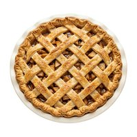 Freshly baked fruit pie with golden lattice crust and crimped edges on white ceramic plate, ready for bakery, dessert, and food styling projects.