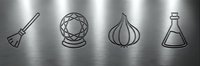 Minimalist line art icons on brushed metal surface featuring broom, crystal ball, onion and flask for modern design projects.
