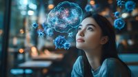 Young Asian woman looking up at glowing blue brain hologram and virus cells floating in dark atmospheric space with bokeh lights, conceptual futuristic science visualization.