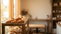 Fresh artisan bread rolls displayed in rustic wooden basket at cozy bakery counter with warm natural lighting and blurred kitchen background.