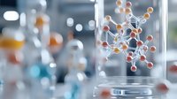 Molecular structure model in glass container with blurred laboratory background showing scientific research and chemical bonds visualization.