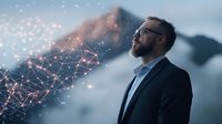 Caucasian businessman in suit gazing at glowing network connections against mountain landscape, representing future technology and digital transformation.