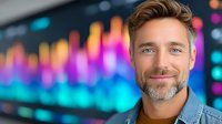 Confident mature Caucasian businessman with beard and denim shirt smiling at camera against blurred colorful background with data visualization display.
