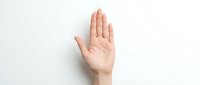 Human hand with open palm raised up in stop gesture on white background isolated for design and communication concepts.