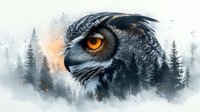 Dramatic owl head with glowing orange eye merged into misty forest landscape, double exposure effect combining wildlife and wilderness with ethereal atmosphere.