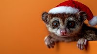 Adorable mouse lemur wearing red Santa hat peeks over edge with bright eyes and curious expression against warm orange background, festive holiday wildlife portrait.
