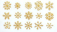 Golden snowflake collection with various intricate designs isolated on transparent background for winter holiday decorations and seasonal crafts.