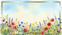 Watercolor wildflower meadow border with poppies, lavender, daisies and cornflowers on white background for greeting cards and botanical designs.