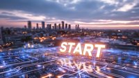 Glowing START text over digital circuit pattern against blurred city skyline at sunset, combining technology and urban landscape for business concepts.