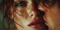Young woman with freckles and wet hair in intimate moment with male partner, close-up portrait showing natural beauty and romantic connection.