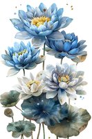 Delicate blue and white lotus flowers with lily pads in watercolor style, featuring soft petals and golden centers against white background, suitable for wall art.