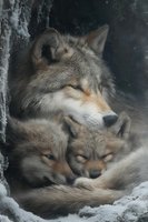 Gray wolf mother resting with sleeping cubs in rocky den cave. Wildlife family portrait showing maternal care and protection in natural habitat.