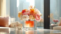 Fresh spring flower arrangement with pink and coral peonies in glass vase on modern coffee table with warm sunlight streaming through windows.