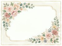 Vintage floral frame with roses, peonies, and eucalyptus leaves on cream background. Ornate gold border with corner arrangements. Suitable for invitations, cards, and stationery designs.