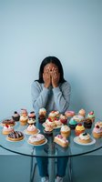Young Asian woman covering face with hands sitting at glass table full of colorful cupcakes and donuts expressing diet guilt and sugar addiction temptation.