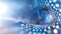 Abstract blue spiral tunnel with AI text and glowing particles creating futuristic technology background for artificial intelligence and machine learning concepts.