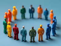 Colorful miniature workers in protective uniforms standing in circle formation on blue background, representing teamwork and industrial collaboration.