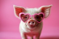 Adorable piglet wearing pink heart-shaped sunglasses on vibrant pink background. Cute farm animal portrait for Valentine's Day, love themes, greeting cards.