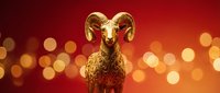 Golden ram figurine with curved horns against warm red and orange bokeh background, suitable for luxury branding, festive celebrations, and premium design projects.