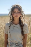 Young woman with windswept hair in white t-shirt standing in golden wheat field during sunset. Natural beauty portrait with soft lighting and dreamy atmosphere.