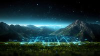 Futuristic mountain landscape with glowing digital grid pattern emerging from ground, starry night sky and peaks silhouetted against ethereal blue light. Sci-fi valley scene.
