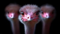 Dramatic close-up portrait of ostrich faces with glowing red eyes against dark background, creating mysterious and striking wildlife composition. Multiple birds in soft focus.