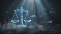 Digital justice scales hologram with data analytics background for legal technology and law firm presentations.