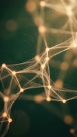 Abstract golden network connections with glowing nodes and light effects on dark green background for technology and communication concepts.