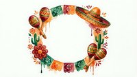 Mexican fiesta wreath with sombrero, maracas, cactus and papel picado flags on white background for Cinco de Mayo celebration design.