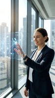 Professional businesswoman using holographic technology interface in modern office with city skyline view for digital transformation concepts.