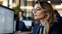Professional businesswoman with glasses analyzing data on computer screen in modern office environment for corporate presentations and workplace productivity.