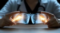 Medical professional examining chest x-ray films with glowing highlights on lungs, dramatic lighting creates focus on diagnostic area in dark setting.