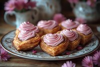 Fresh puff pastry hearts topped with swirled pink cream frosting on vintage plate, surrounded by pink flowers, moody food photography styling.