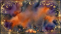 Watercolor Halloween background with golden frame, pumpkins, bats, spiderwebs, crescent moon, and stars on dark purple and orange sky.