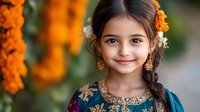 Young girl with dark braided hair and South Asian ethnicity wearing traditional blue attire with gold embroidery and orange marigold flowers in her hair, smiling at camera.
