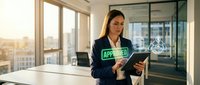 Young woman with dark hair and olive complexion wearing a black blazer with green "approved" stamp graphic, holding a tablet device in a modern office setting with floor-to-ceiling windows overlooking cityscape during golden hour, suitable for business, approval, and corporate concepts.