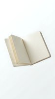 Open notebook with lined pages floating on white background isolated for creative design projects and educational materials.
