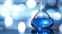 Glass laboratory flask with blue liquid on blurred bokeh background for scientific research and chemistry experiments in modern lab setting.