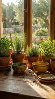 Fresh herbs growing in terracotta pots on rustic wooden windowsill with ceramic bowls, warm sunlight streaming through window creating cozy kitchen garden atmosphere.