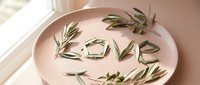 Fresh olive branches arranged to spell love word on pink ceramic plate with natural lighting for romantic kitchen decor and Mediterranean cooking themes.