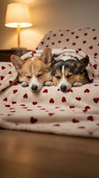 Two adorable corgi puppies sleeping peacefully on heart-patterned bedding in cozy bedroom with warm lamp lighting for Valentine's Day romance concept.