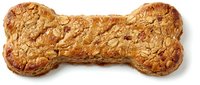 Homemade dog treat bone-shaped biscuit with oat and wheat ingredients, isolated on white background, ready for pet food packaging or veterinary use.