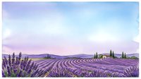 Lavender field landscape with rolling hills, cypress trees, and soft purple sky at sunset or sunrise, suitable for travel, nature, and wellness design projects.