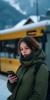 Young woman in green winter coat checking smartphone at snowy bus stop, with yellow public transport vehicle in blurred background.